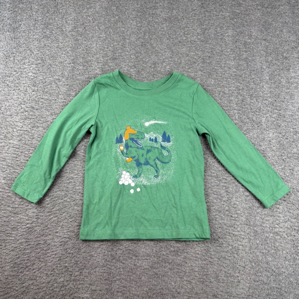Cat & Jack Graphic Tee Toddler 3T Green T-Rex Dinosaur Snowball Long Sleeve